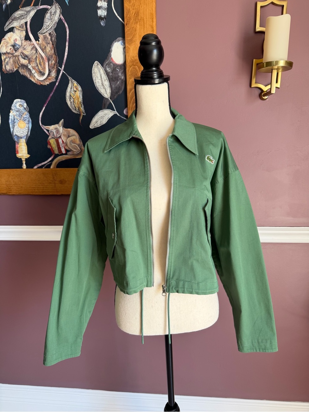Lacoste Harrington Olive Green Cropped Zip Utility Jacket Size 34 (approx Small)